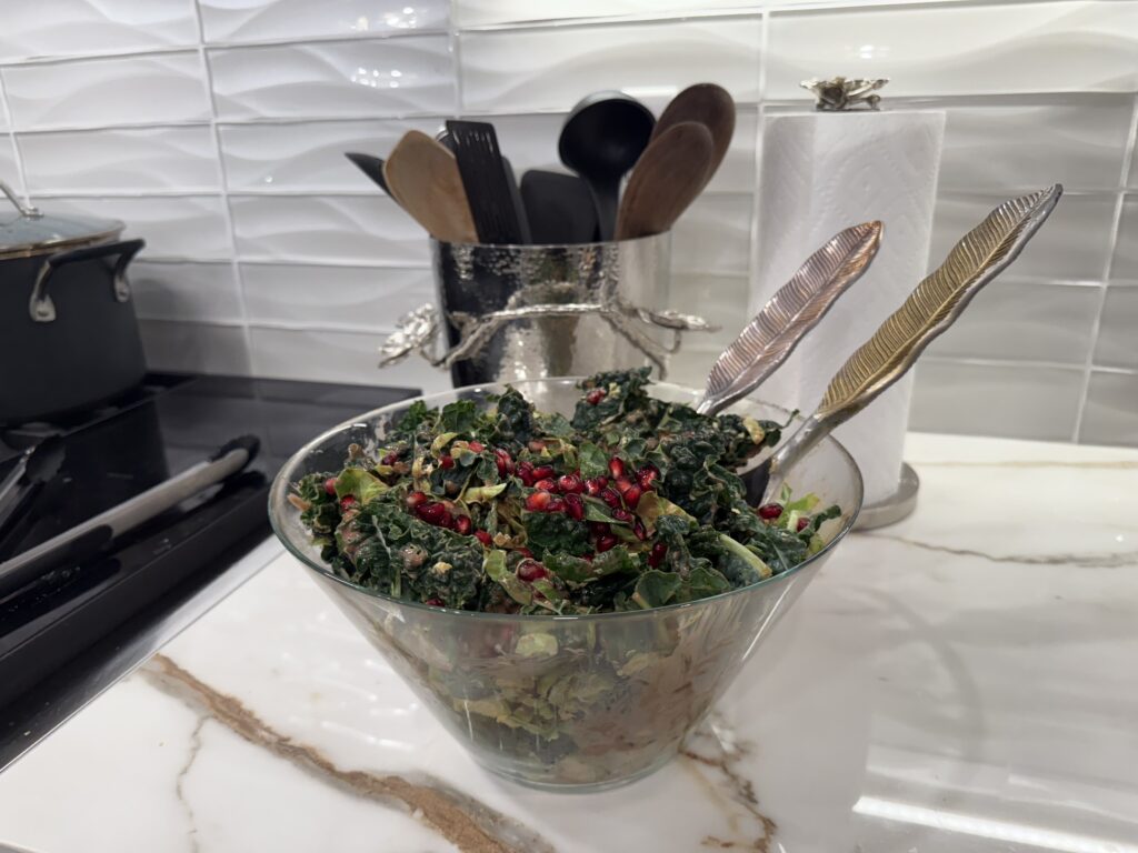 winter greens pomegranate salad with creamy pomegranate balsamic vinaigrette