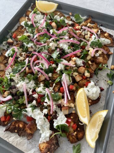 Mediterranean Inspired sweet potato chicken nachos with Greek yogurt tzatziki