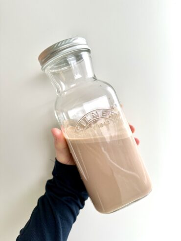 cinnamon chocolate almond milk recipe: almond milk in jug